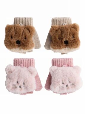 NWT Zara Kids BEAVER & MOUSE FAUX FUR EFFECT MITTEN GLOVES Size 3 - 6